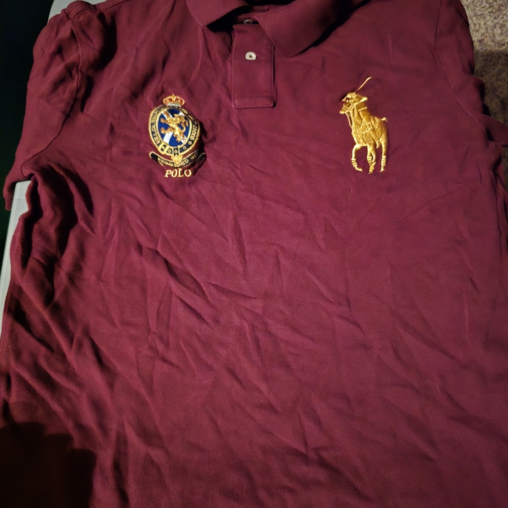 Polo by Ralph Lauren Men's Burgundy Polo Shirt with Gold Accents